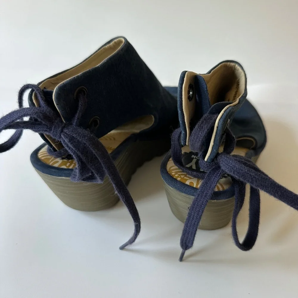 Fly London Ypul Wedge Sandals Navy Blue Perforated Suede Peep Toe size 38